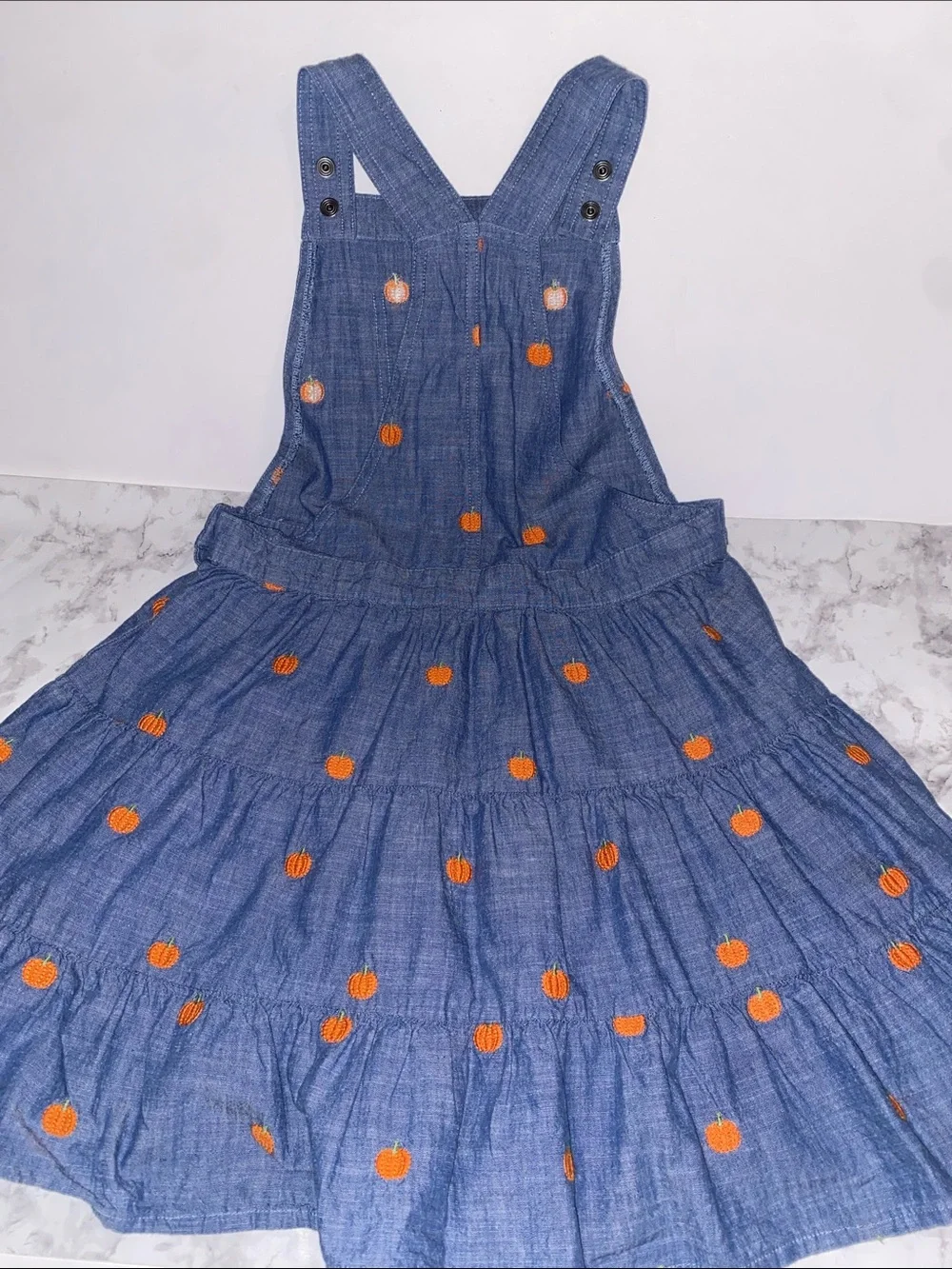 Gymboree Blue Denim-Style Pinafore Dress with Orange Pumpkin Dots